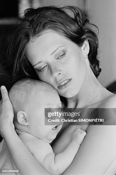 Dutch actress and model Sylvia Kristel and her new-born son Arthur, on holyday in Marbella.