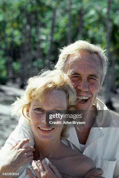 American actors Mia Farrow and Jason Robards on the set of Hurricane, directed by Jan Troell.