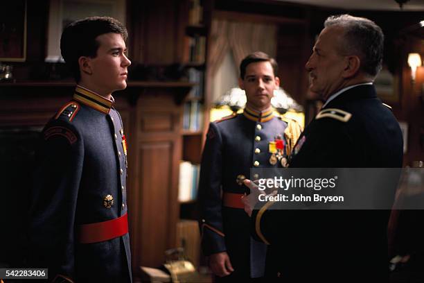 American actors Timothy Hutton and George C. Scott on the set of Taps, directed by Harold Becker.