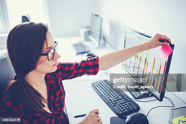 woman putting sticker on computer - sticky-notes-covering-computer-monitor stock pictures, royalty-free photos & images