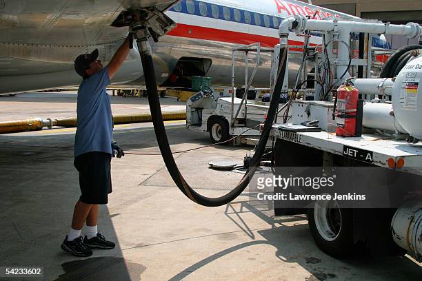 Plane is refueled upon arrival at the gate at Dallas Fort Worth Airport September 2, 2005 in Dallas, Texas. With fuel prices skyrocketing as a result...