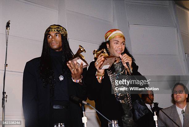German pop band Milli Vanilli, composed of French singer, songwriter, dancer and model Fab Morvan and German-American model, dancer and singer Rob...