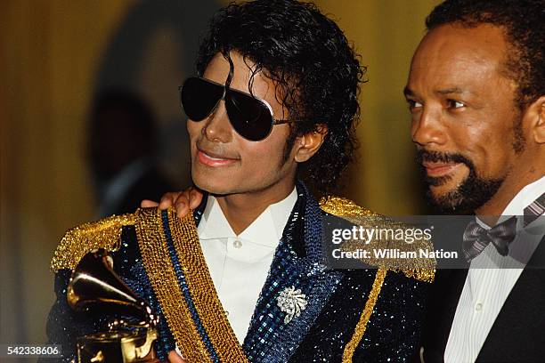 American singer, songwriter, record producer and entertainer known as the King of Pop, Michael Jackson and his producer Quincy Jones attend the 26th...