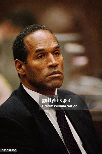 American former football player and actor O.J. Simpson during his trial for the murder of his wife Nicole Brown and her friend Ronald Goldman on June...