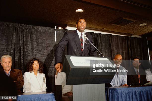 American professional basketball player Magic Johnson holds a press conference at the Great Western Forum. Johnson announced his retirement from...