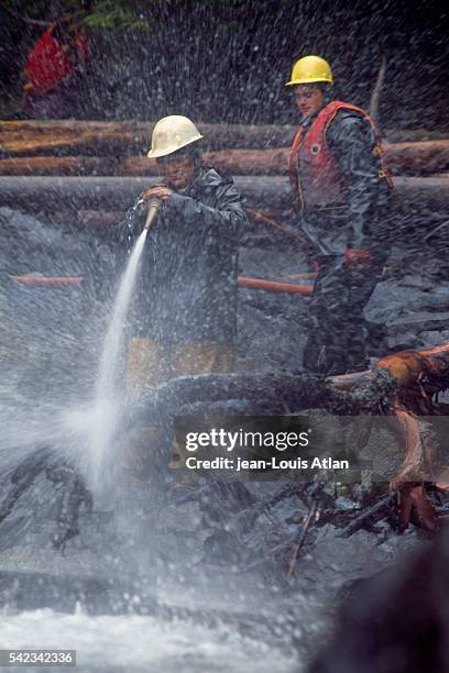 Teams of firefighters cleaning the Alaskan coast following the Exxon Valdez oil spill.
