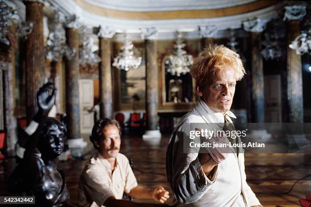 Lead actor Klaus Kinski on the movie set of Fitzcarraldo with director Werner Herzog, on location in Peru, July 1981.