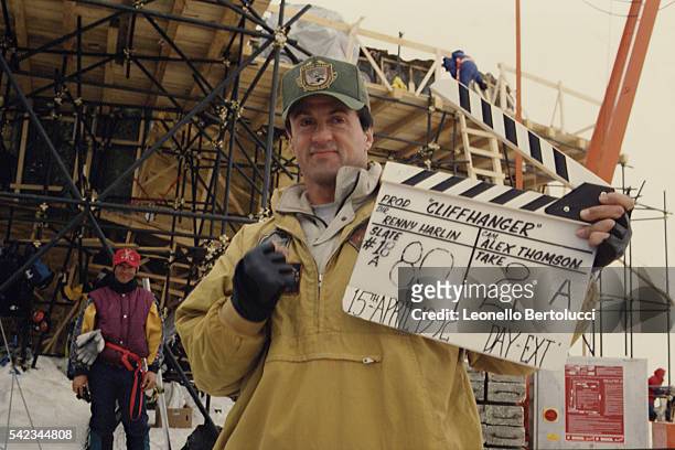 American actor Sylvester Stallone on the set of Cliffhanger directed and produced by Finnish Renny Harlin.