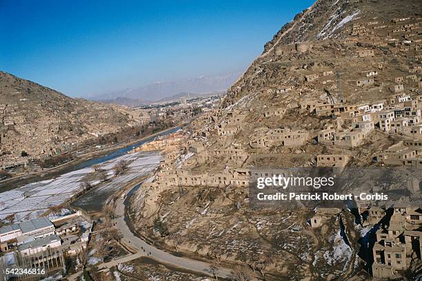 Aerial view of hillside dwellings in Kabul.