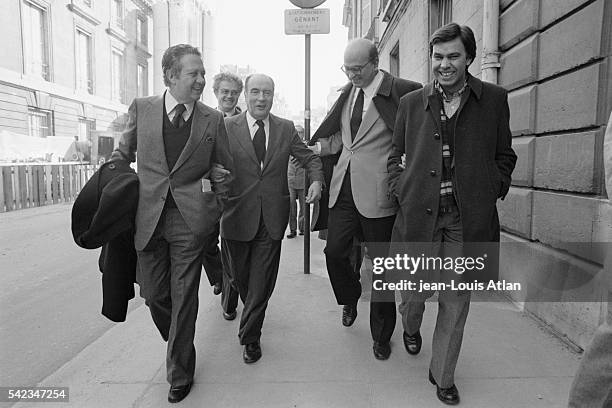 Southern European Socialist leaders Mario Soares, Lionel Jospin, Francois Mitterrand, Bettino Craxi and Felipe Gonzalez in the streets of Paris.