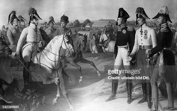 Field Marshal Prince Schwarzenberg, on horseback, reports the victory in the Battle of Leipzig to the three Allied Monarchs of Russia, Austria, and...