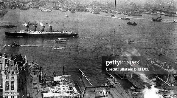 NEW YORK: LUSITANIA. /nThe Cunard liner 'Lusitania' photographed in New York Harbor, 1907-08.