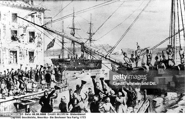 Die Bostoner Tea Party, 1773Kolonisten als Indianer verkleidetversenken die Teeladung dreierSchiffe um gegen das Monopol derEast India Company zu...