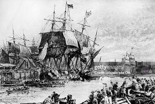 Bostoner Tea Party, 1773Kolonisten als Indianer verkleidetversenken die Teeladung dreier Schiffeim Bostoner Hafen ,um gegen das Monopolder East India...