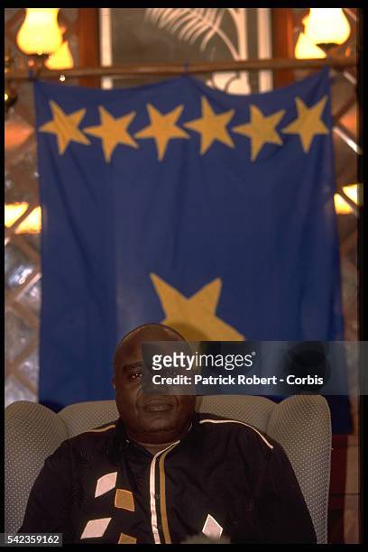 Laurent D{sir{ Kabila holds a press conference.