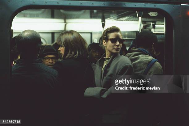 American model Christy Turlington in New York Subway.
