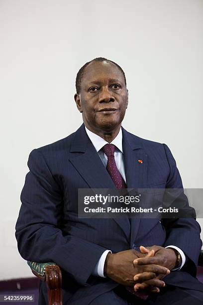 Elected President Alassane Ouattara and Prime Minister Guillaume Soro meet with the generals of the Ivoirian army to received their oath of...