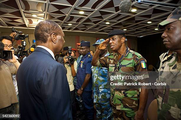 Elected President Alassane Ouattara and Prime Minister Guillaume Soro meet with the generals of the Ivorian army to receive their oath of allegiance,...