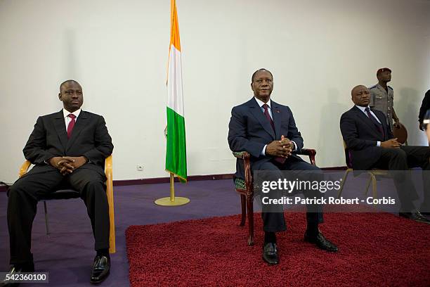 Elected President Alassane Ouattara and Prime Minister Guillaume Soro meet with the generals of the Ivoirian army to received their oath of...