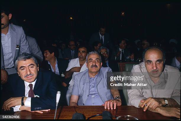 Nayef Hawatmeh, leader of the P.D.F.L.P. , P.F.L.P. Leader Georges Habache, and Abu Jihad, P.L.O.'s number 2 leader, during the National Palestine...