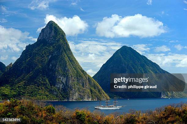 View towards the Petit Piton and Gros Piton from Anse Chastanet with the yacht Sea Cloud II in the foreground.