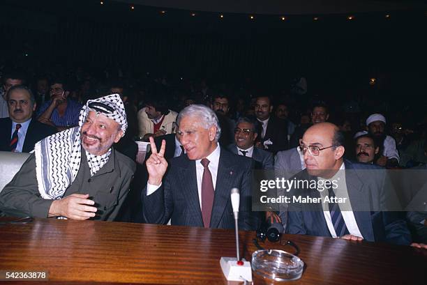 Yasser Arafat and Chadli Bendjedid, the President of Algeria, at the opening of the Palestinian National Council.