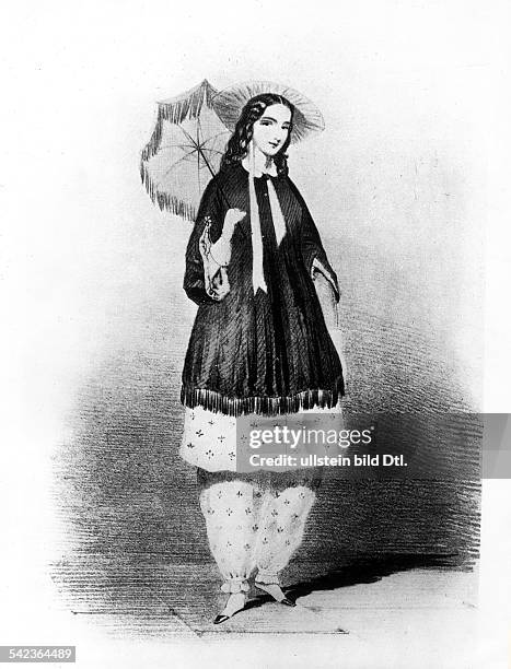 Amelia Bloomer in der von ihr kreierten Hosenmode 'Bloomers'