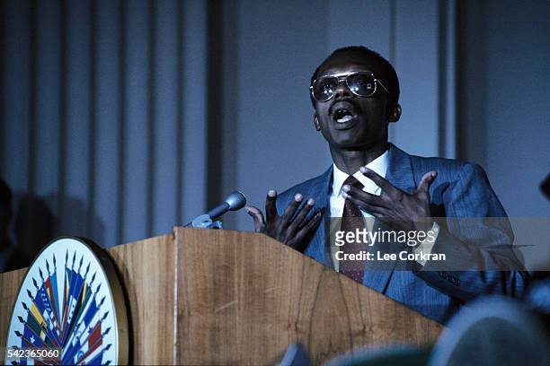 Ousted President of Haiti Jean-Bertrand Aristide speaks before the Organizaion of American States .