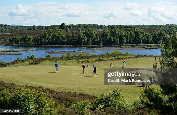 The Group of Robert Coles of England, Garrick Porteous of England and Estanisao Goya of Argentina at the picturesque 6th green during the first day...