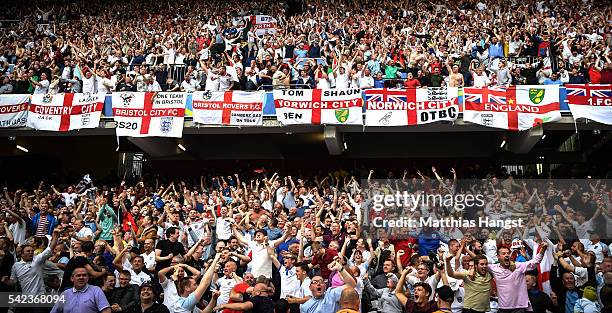 England fans celebrate during the UEFA EURO 2016 Group B match between England v Wales at Stade Bollaert-Delelis on June 16, 2016 in Lens, France.