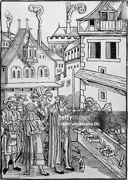Pillory in mediaeval times. Woodcarving , 1512