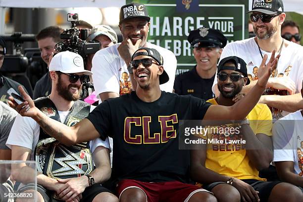 Channing Frye of the Cleveland Cavaliers reacts onstage during the Cleveland Cavaliers 2016 NBA Championship victory parade and rally on June 22,...