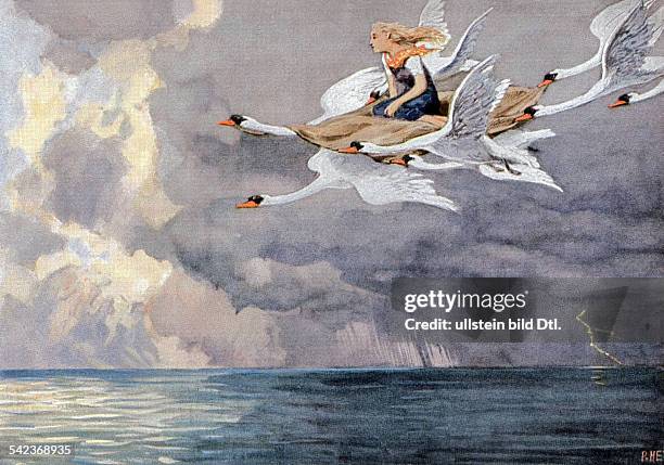 Illustration zu 'Die wilden Schwäne', einem Märchen von Hans Christian Andersen - o.J. Däne, dk, fliegen, gewitter, blitz