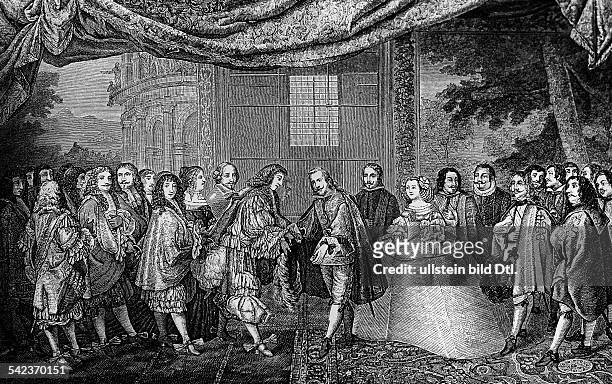 Pyrenäenfrieden 1659:Treffen Ludwigs XIV. Von Frankreich mitPhilip IV. Von Spanien auf der Fasanen-Insel im Fluss Bidassoa, wo die...