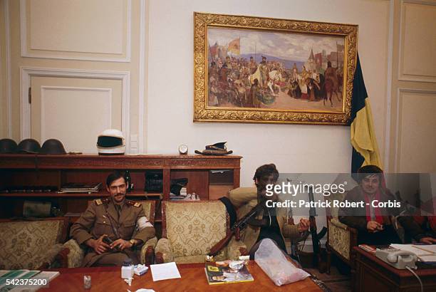 Romanian soldiers guarding a room in the House of the People days after the December 1989 uprising, which marked the end of dictator Nicolae...