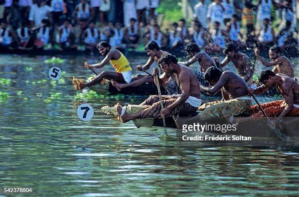 Race in Alappuzha region during the annual harvest festival Onam. Chundan Vallam, or snake boats, are over 100 feet long. About one hundred oarsmen...