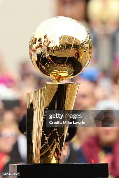 The Larry O'Brien trophy sits on a float during the Cleveland Cavaliers 2016 NBA Championship victory parade and rally on June 22, 2016 in Cleveland,...