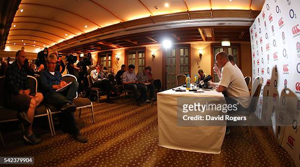 Eddie Jones, the England head coach, faces the media during the England media session held at the Shangri La Hotel on June 23, 2016 in Sydney,...