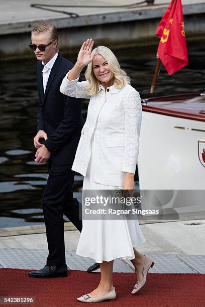 Crown Princess Mette-Marit of Norway and Marius Borg Hoiby arrive at Ravnakloa fish market with Marius Borg Hoiby on June 23, 2016 in Trondheim,...