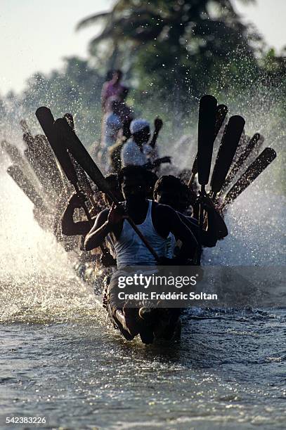 Race in Alappuzha region during the annual harvest festival Onam. Chundan Vallam, or snake boats, are over 100 feet long. About one hundred oarsmen...