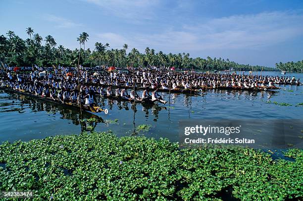 Race in Alappuzha region during the annual harvest festival Onam. Chundan Vallam, or snake boats, are over 100 feet long. About one hundred oarsmen...