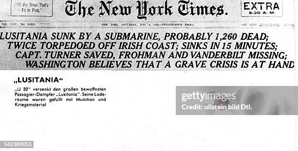 Meldung der 'New York Times' in einer Extraausgabe über die Versenkung der 'Lusitania' am Tag zuvor.