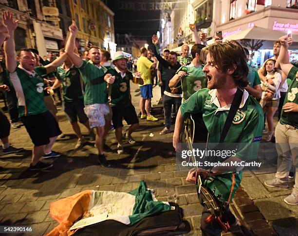 Lille , France - 22 June 2016; Musician Richy Sheehy, from Carrignavar, Co. Cork, entertains Republic of Ireland supporters after their victory...