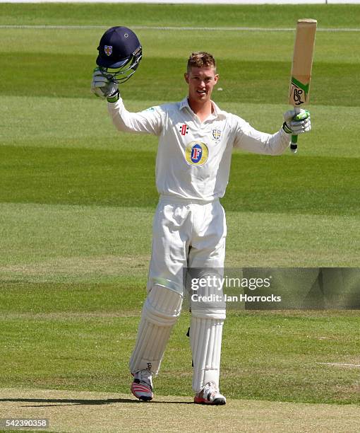 Keaton Jennings of Durham celebrates reaching 200 during day four of the Specsavers County Championship Division One match between Durham and...