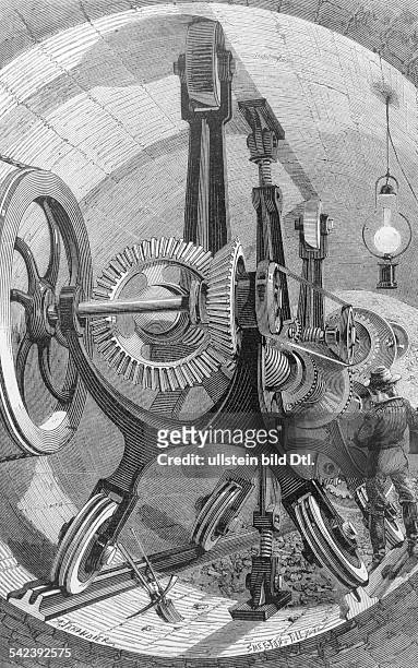 Bohrmaschine zur Aushöhlung desunterseeischen Tunnels zwischenEngland und Frankreich.Stich 19. Jahrhundert