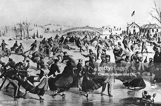 Eislauf im Central Park, New York: Menschenmenge beim Schlittschuhfahren auf der Eisfläche- 1862