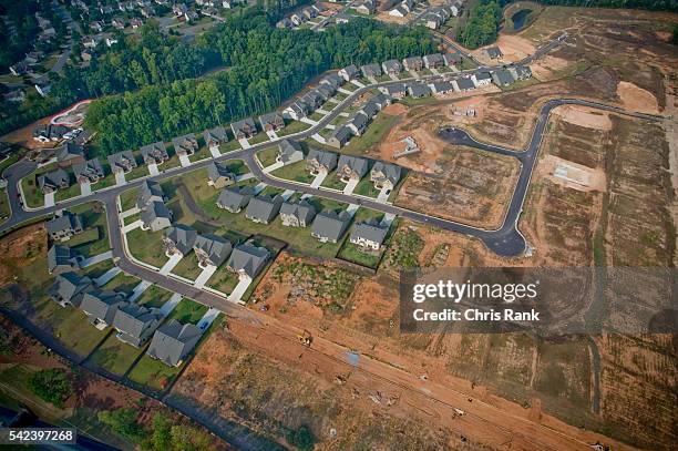 Aerial view of a partially complete housing development in Forsyth County north of Atlanta, Georgia.