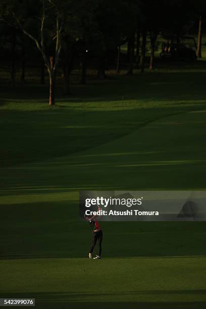 Kumiko Kaneda of Japan hits her second shot on the 7th hole during the first round of the Earth Mondamin Cup at the Camellia Hills Country Club on...