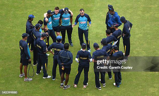 Sri Lanka coach Graham Ford speaks to his players ahead of a nets session at Edgbaston on June 23, 2016 in Birmingham, England.