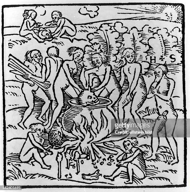 Kannibalismus bei den Tupinambas derbrasilianischen Nordostküstenregion.Holzschnitt aus 'Wahrhaftige Historia'des Hans Staden, Marburg 1557.